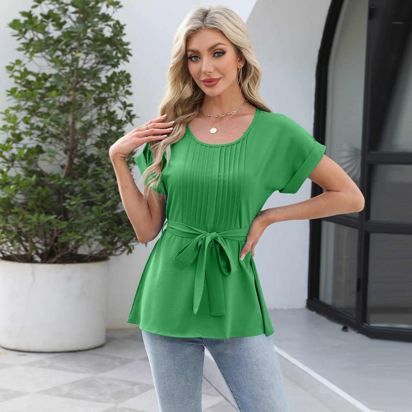 Ruffled round neck short sleeved casual shirt