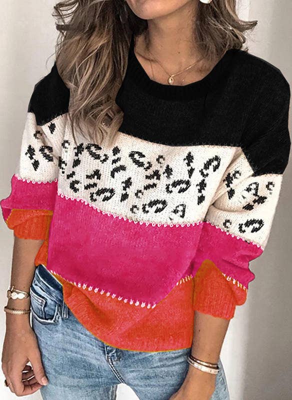 LEOPARD PRINT PATCHWORK FASHION KNIT PULLOVER
