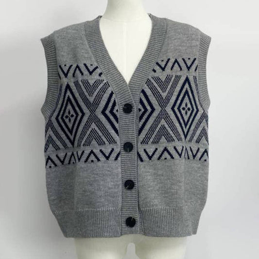 V-NECK COLOR MATCHING EMBROIDERY CARDIGAN VEST