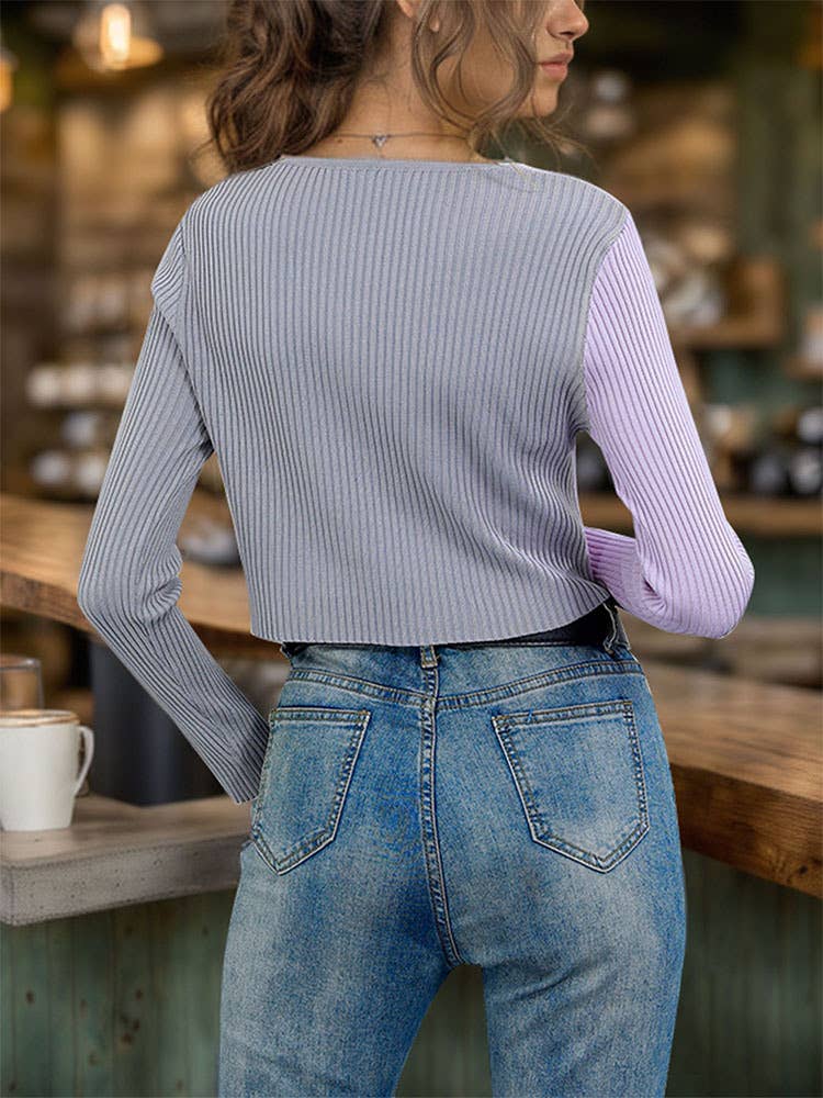 Patchwork Knitted V-Neck Button-Up Cardigan