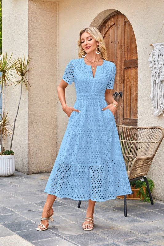 CWDMD6339_V-NECK HOLLOW EYELET PLEATED SHORT SLEEVE DRESS