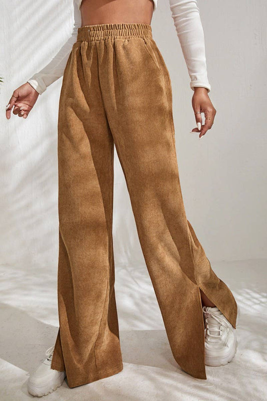 CWBLP1551_SOLID COLOR CORDUROY PATCHWORK SLIT HEM TROUSERS