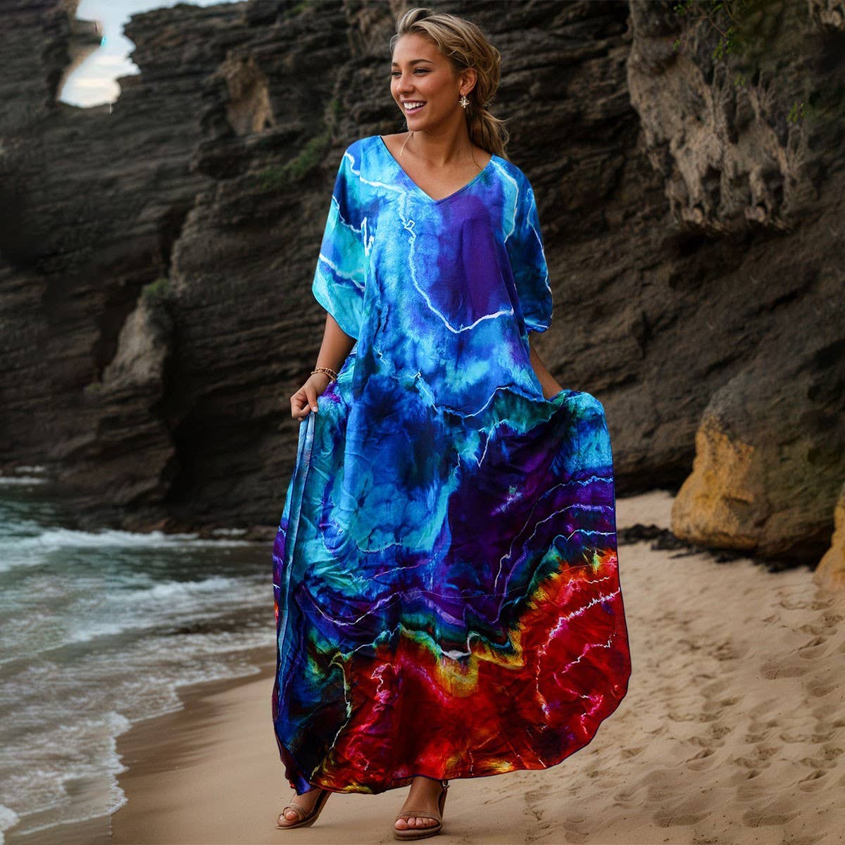 Rayon Tie-Dye Beach Kimono Cover-Up Robe_CWMM6154