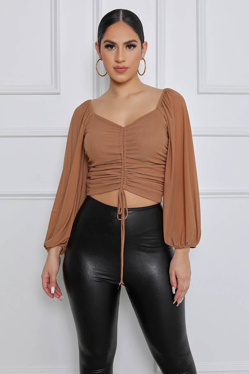 SOLID COLOR MESH ONE-LINE SHOULDER SLEEVED BLOUSE
