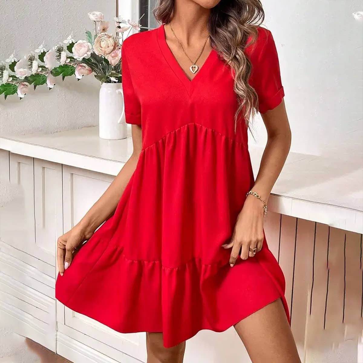 WOVEN ELEGANT V NECK CASUAL LOOSE SWING DRESS_CWDSD3109