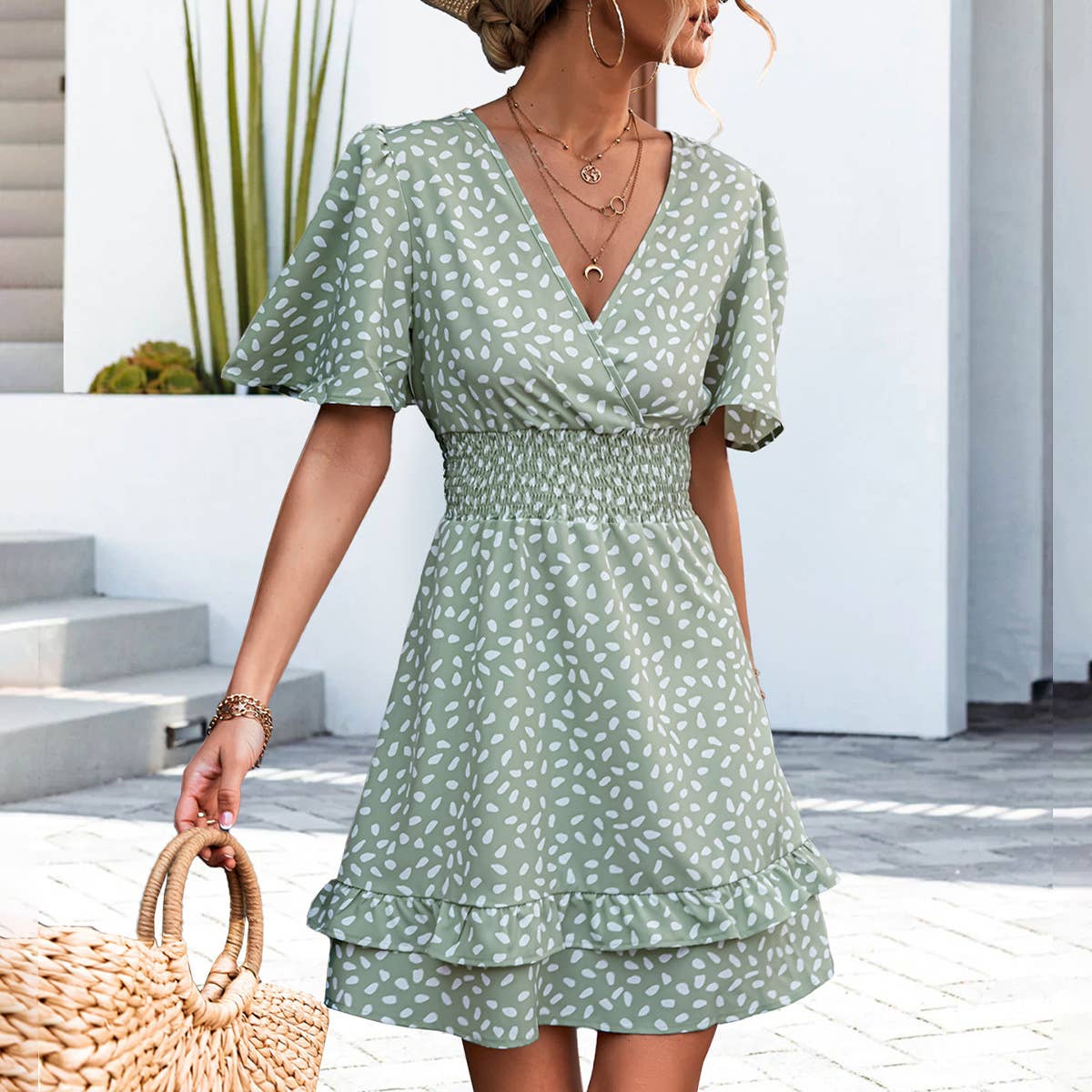 V-NECK DRESS WITH PINCHED SLEEVES