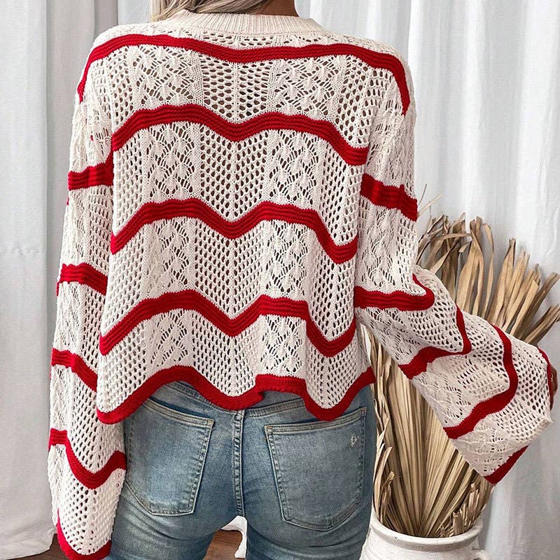 Wavy flared long-sleeved hollowed-out sweater