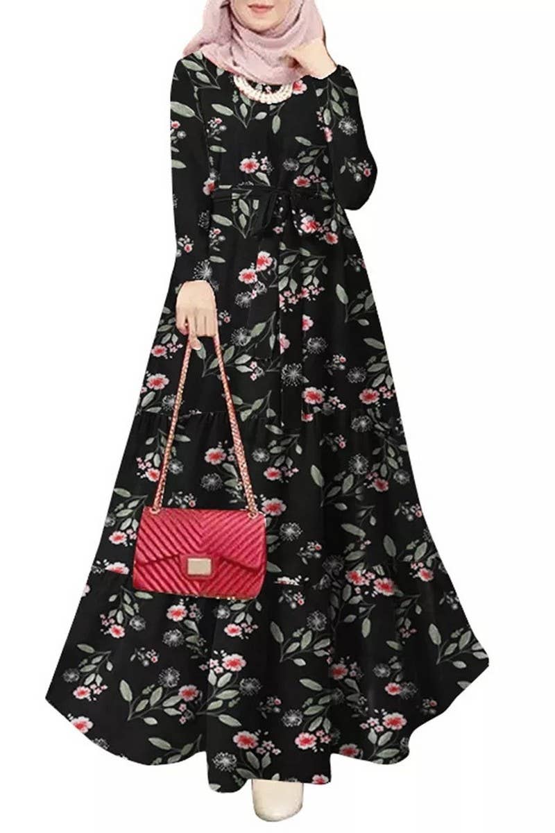 CWDMD3273_PRINTED TIE-NECK MUSLIM DRESS