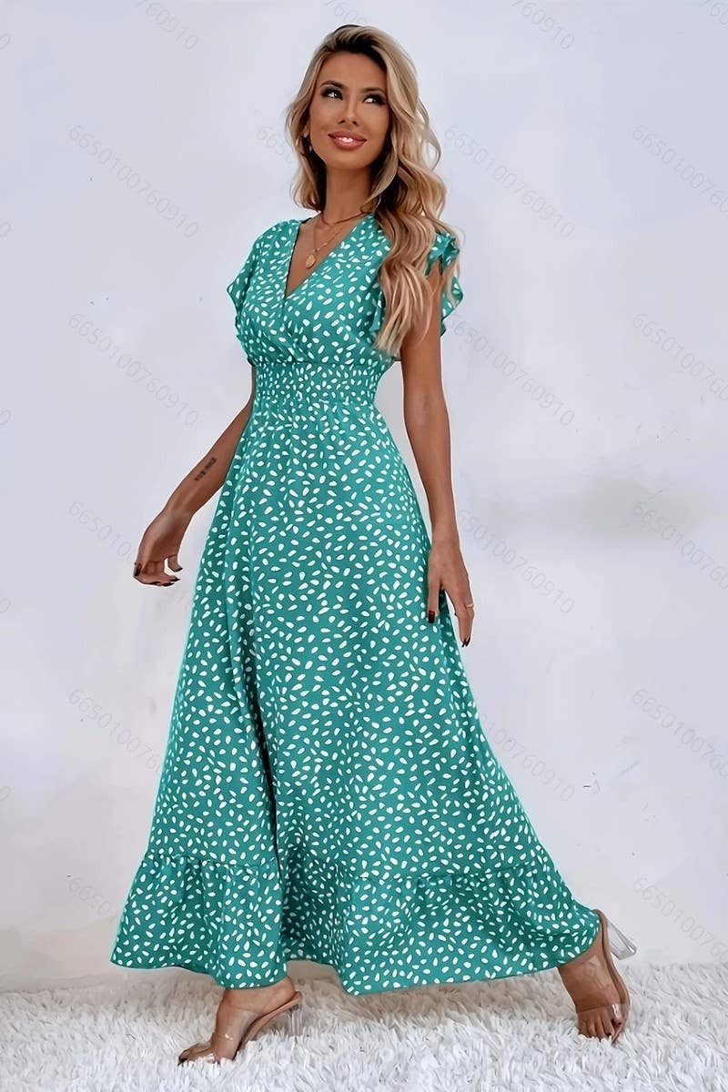 CWDMD6114_V-NECK FLORAL FRENCH STYLE SHORT SLEEVE DRESS