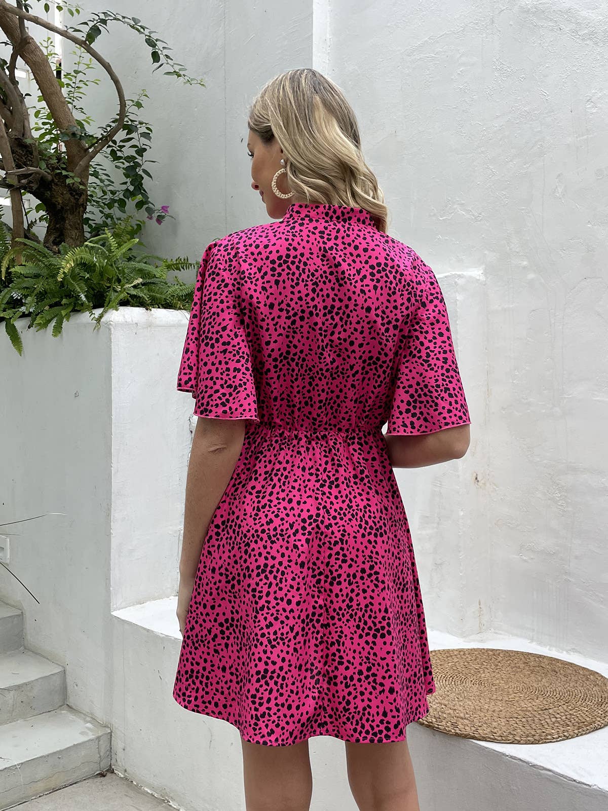 V-NECK SLIT SLIM PRINT LONG-SLEEVED DRESS