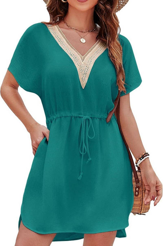 CWDSD8712_LACE TRIM V-NECK SMOCKED WAIST VACATION DRESS