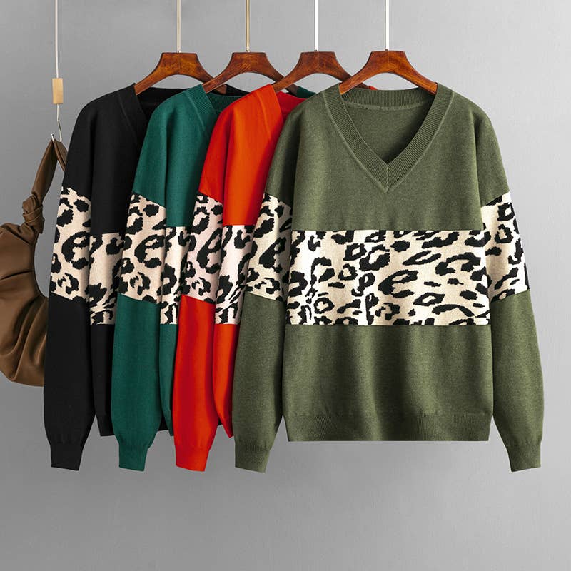 V-NECK LOOSE COLOR LEOPARD-PRINT SWEATER WOMAN