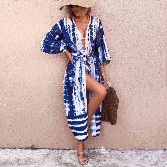 BLUE AND WHITE SNAKE PRINT CARDIGAN BEACH COVER UP_CWMM1230