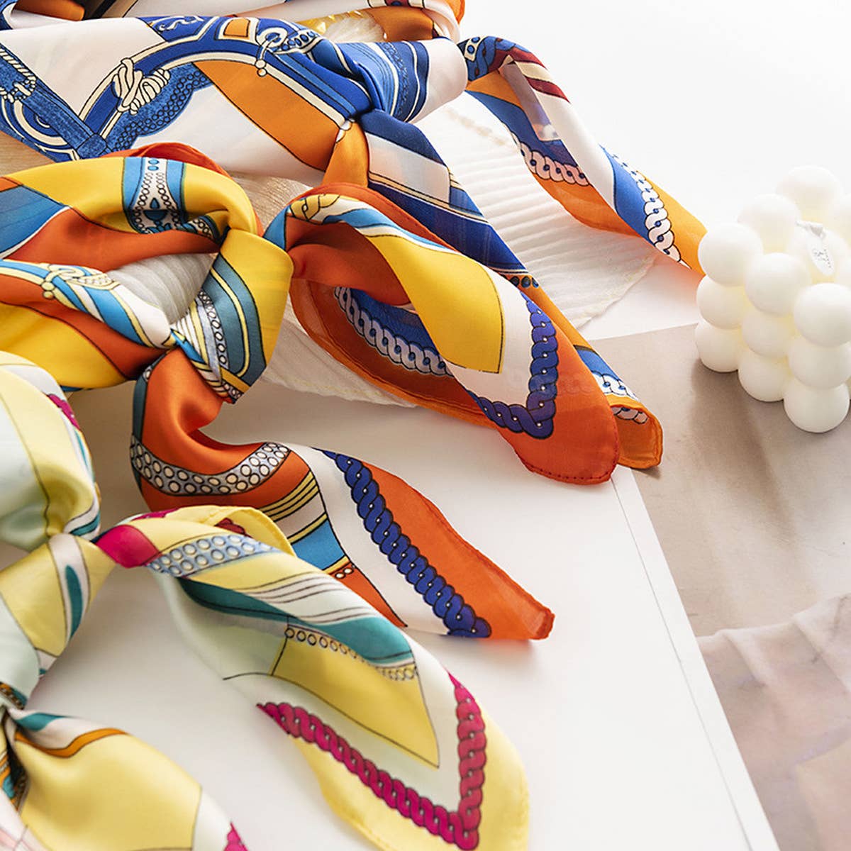 Geometric Floral Satin Square Scarf for Women