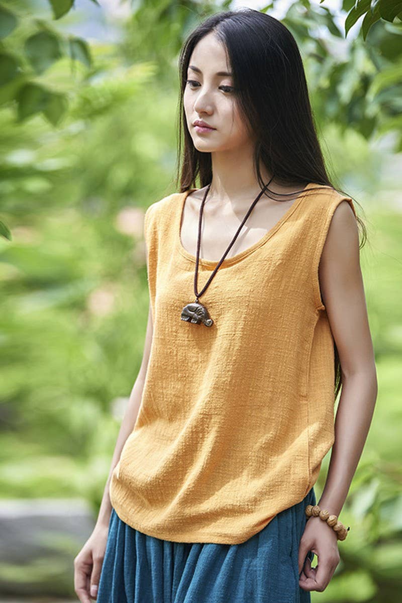 Cwtblsl0565_Loose Cotton And Linen Sleeveless Vest