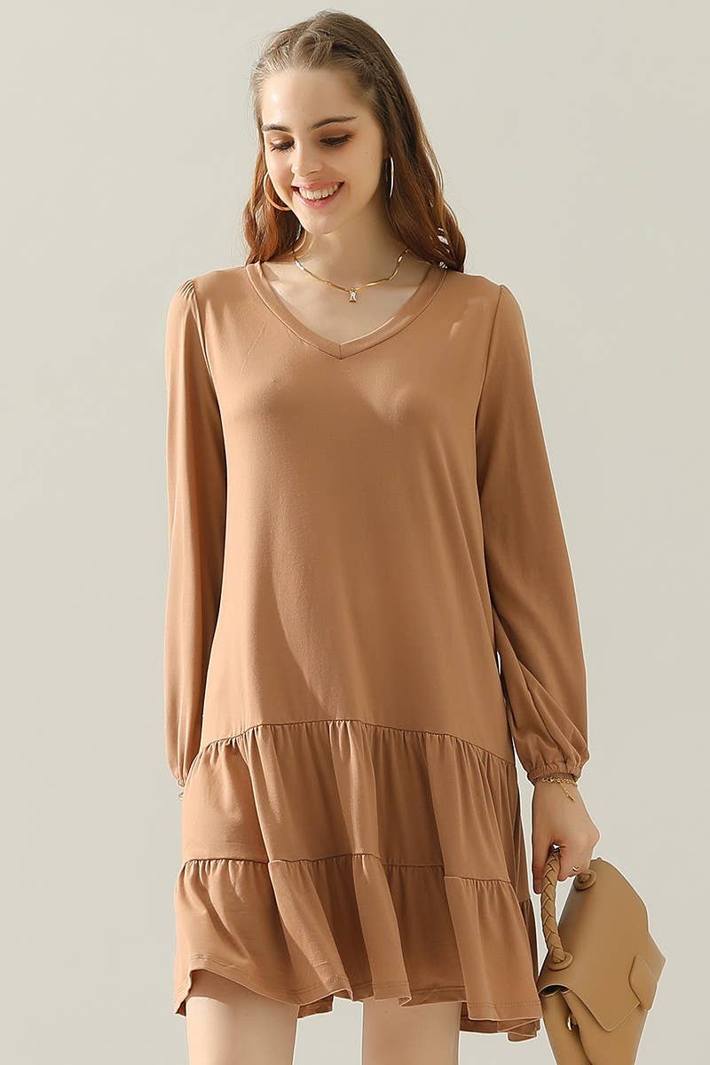 CWDSD10411_SHRRING LAYERED HEM DRESS WITH LONG SLEEVE