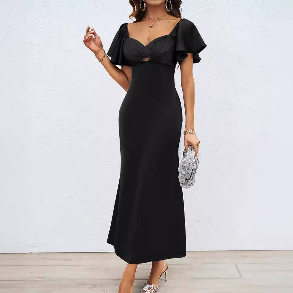 SOLID COLOR PEACH COLLAR SLIM-FIT DRESS