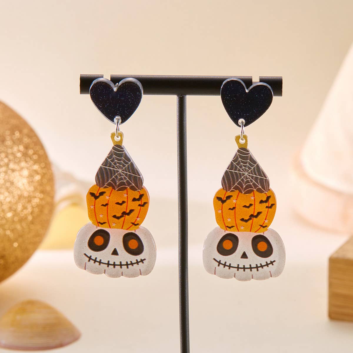 HALLOWEEN FUNNY PUMPKIN BAT LEAF EARRINGS