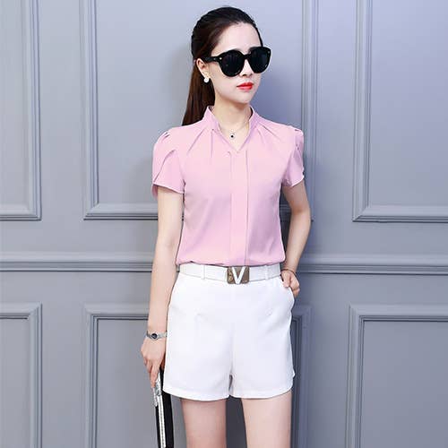 SHORT SLEEVE CHIFFON SHIRT WITH LOTUS SLEEVES