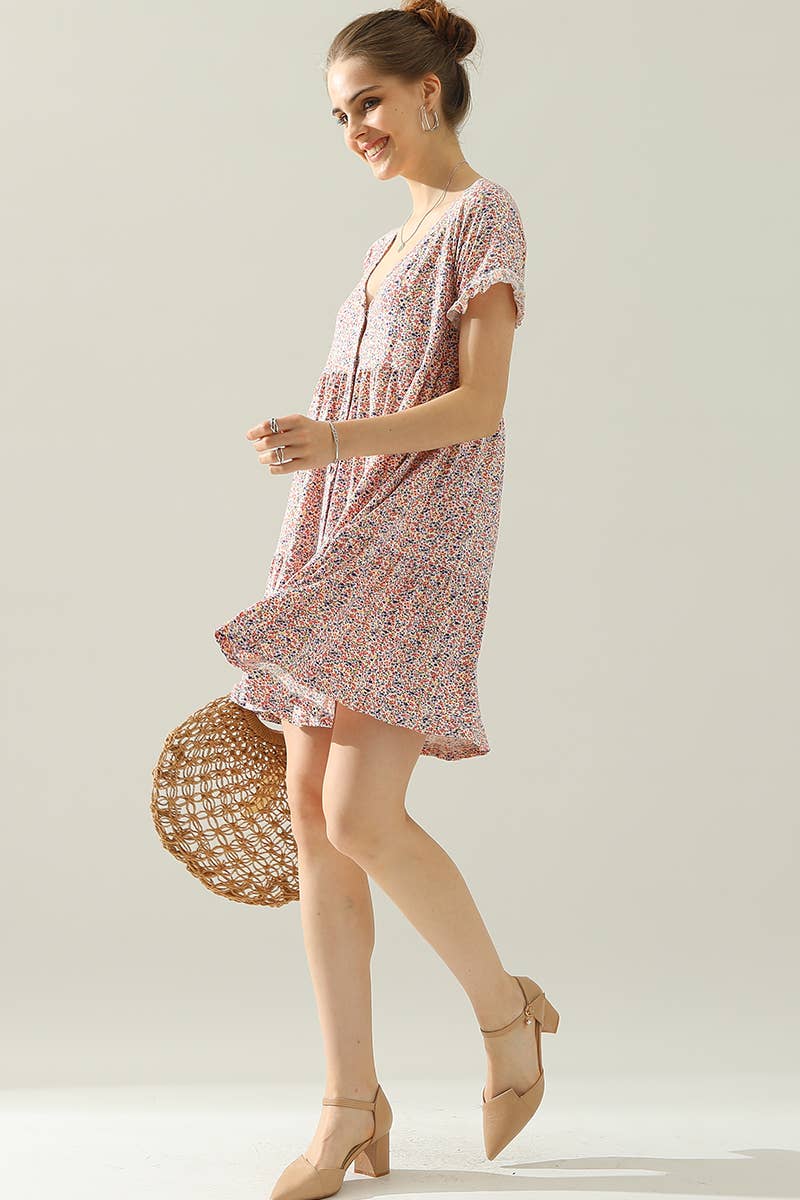 CWDSD10410_V NECK BUTTON DOWN WITH RUFFLE SLEEVE DRESS