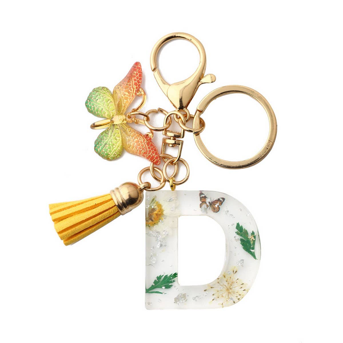Flower Letter Keychain with Yellow Butterfly Charm_CWAB5090