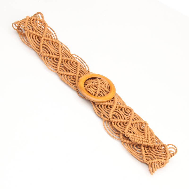 Wax rope woven hollowed-out wooden buckle belt