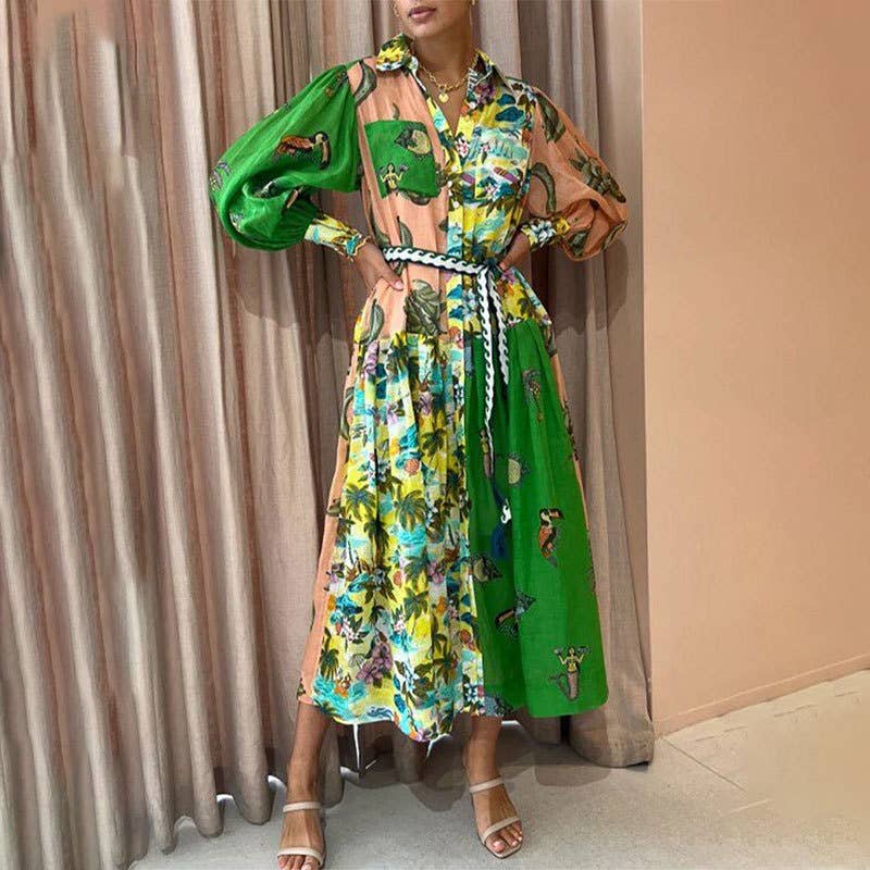 LANTERN SLEEVE PRINTED LAPEL LONG-SLEEVED DRESS