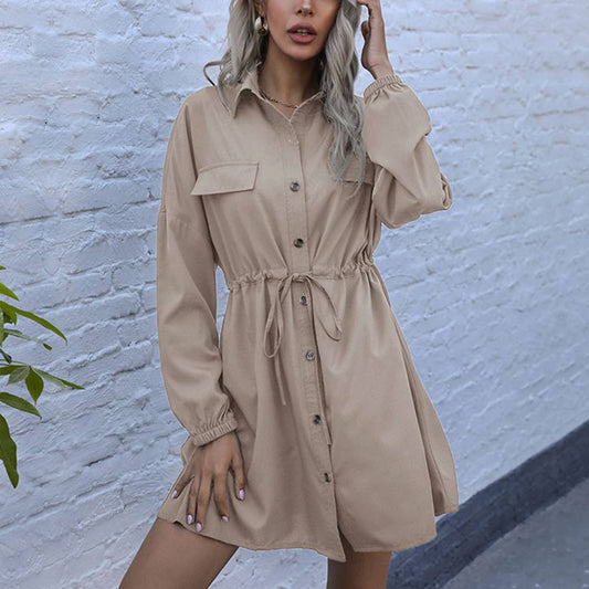 SOLID COLOR FRENCH LAPEL LONG-SLEEVED SHIRT DRESS
