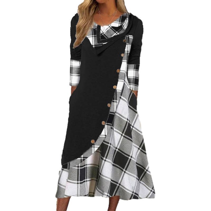 PLAID PRINT PATCHWORK BUTTON POCKET DRESS