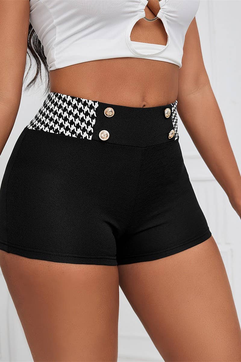 CWBSP0496_FASHION HOUNDSTOOTH SLIM HIGH WAIST STRETCH SHORTS