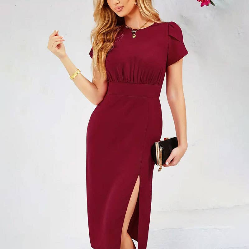 Pinched waist slit pleated dress