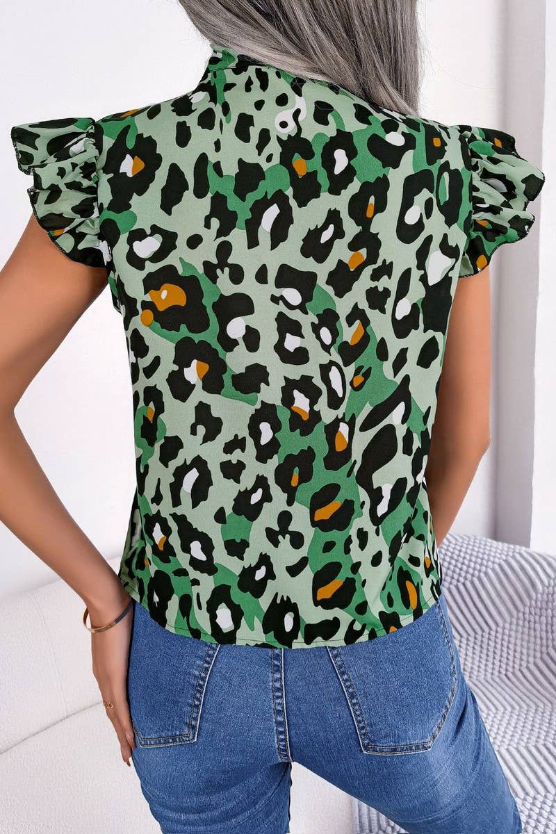 LEOPARD AURICULAR TRIMMED LACE CHIFFON BLOUSE_CWTSTSL0035