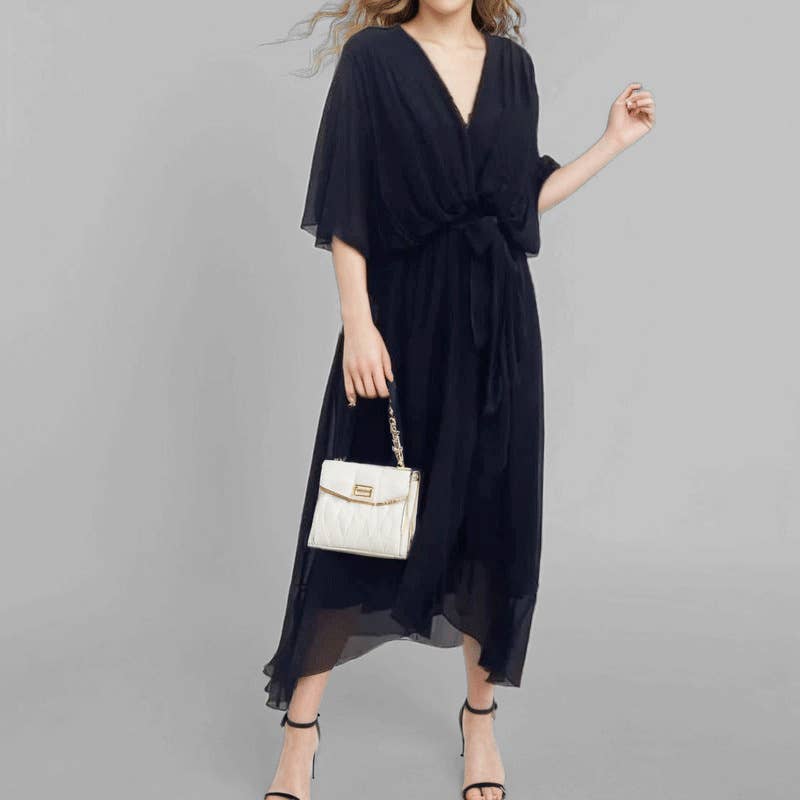 Solid color lace-up deep V-neck batsleeve dress