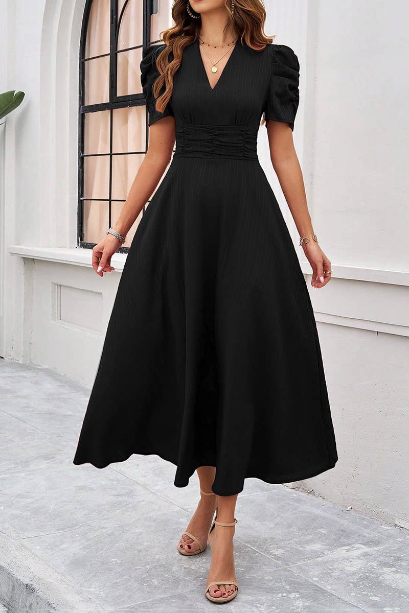 CWDMD5340_V-NECK ELEGANT SOLID COLOR HIGH WAIST DRESS