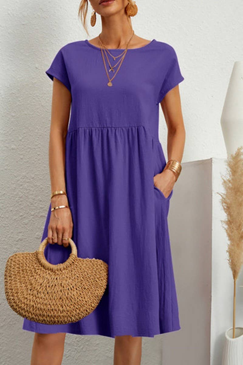 CWDSD10613_SUMMER TEMPERAMENT ROUND NECK A-LINE DRESS