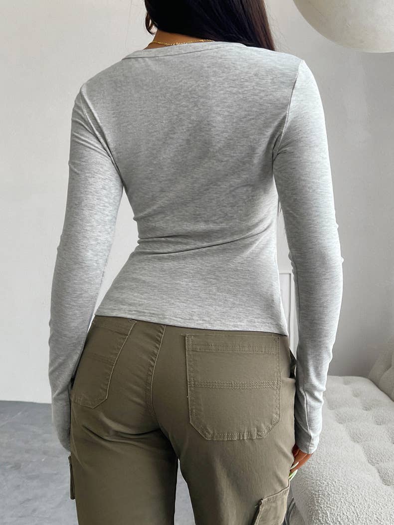 SLIM-FIT V-NECK BUTTON-UP LONG-SLEEVED T-SHIRT