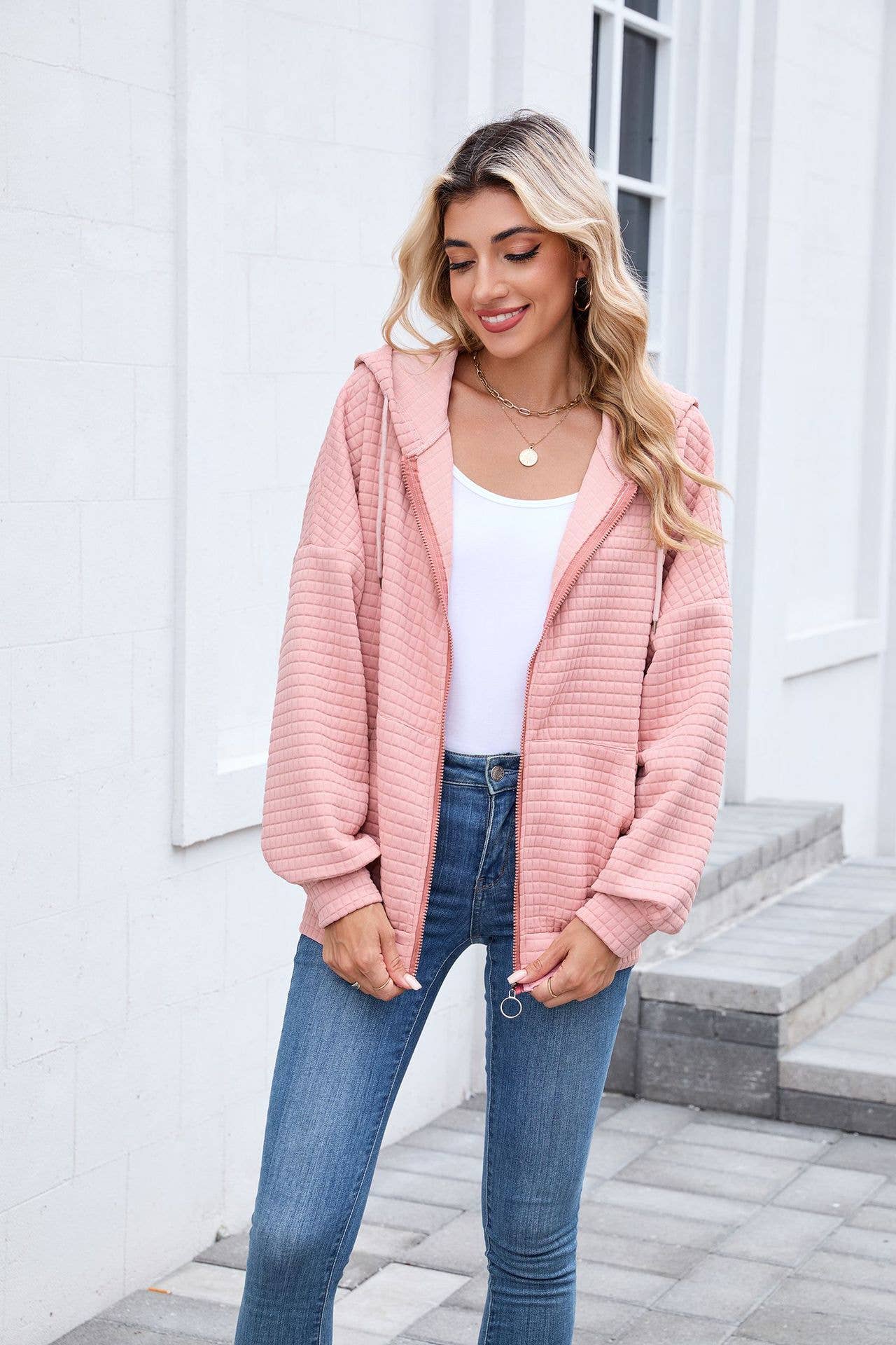 Solid-color zipper long-sleeved hooded jacket