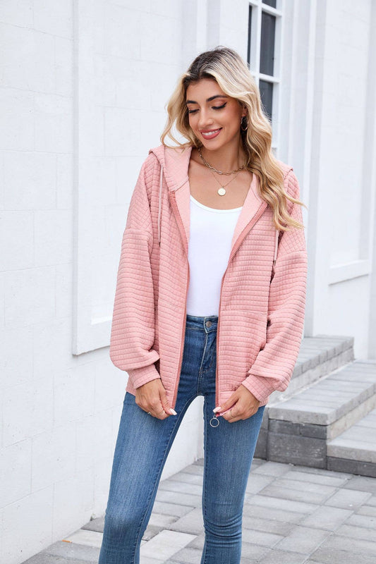 Solid-color zipper long-sleeved hooded jacket