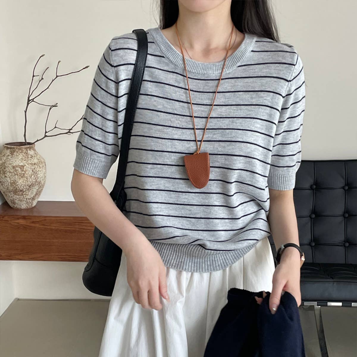 Literary cape striped knitted blouse two-piece set