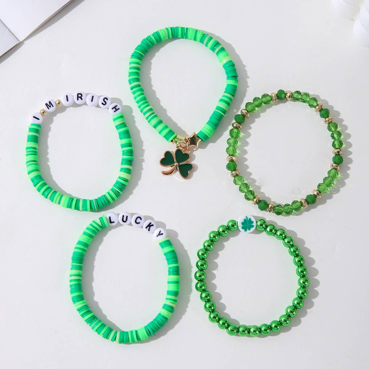 ST. PATRICK'S DAY GREEN SHAMROCK CHARM BRACELET SET_CWMM3496