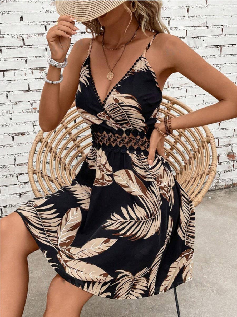 Tropical print lace applique cambric dress