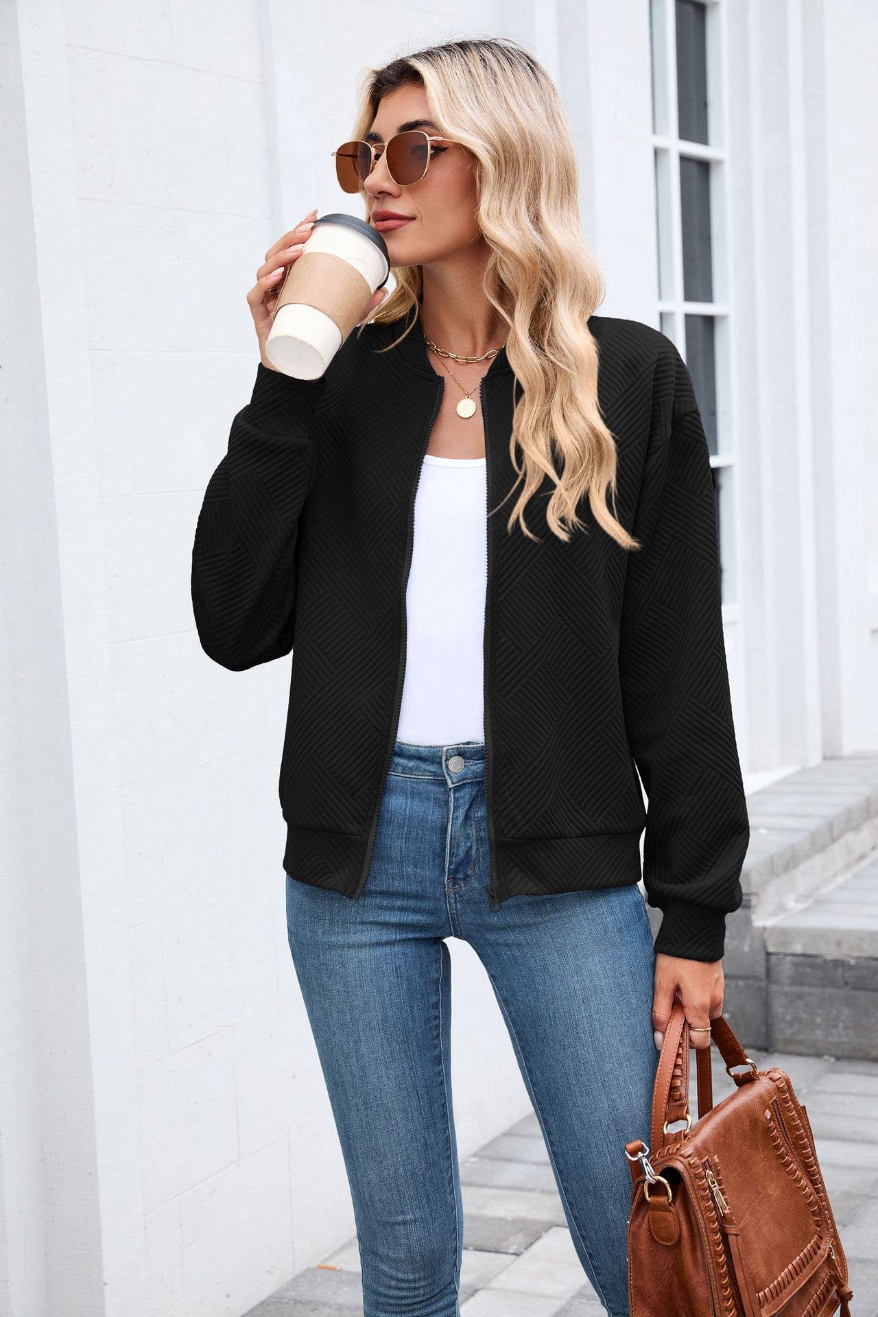 Solid-color round-neck zipper loose jacket