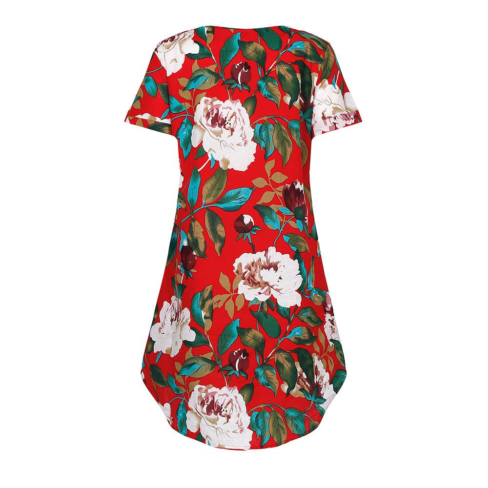 SHORT SLEEVE COTTON AND LINEN FLORAL PRINT DRESS