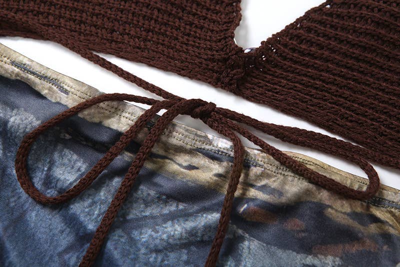 Backless Halter Neck Printed Mini Skirt