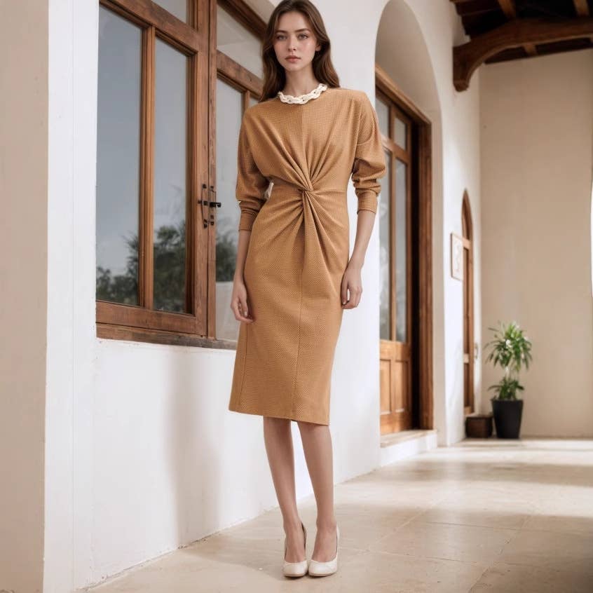 Retro-style round-neck twisted knitted dress