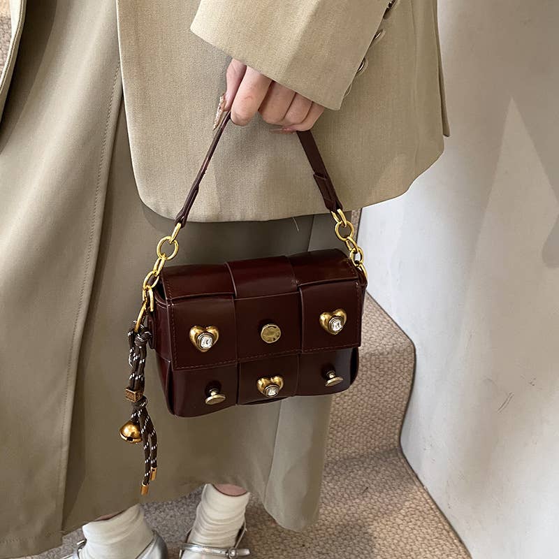 Fashionable spliced crossbody riveted square bag