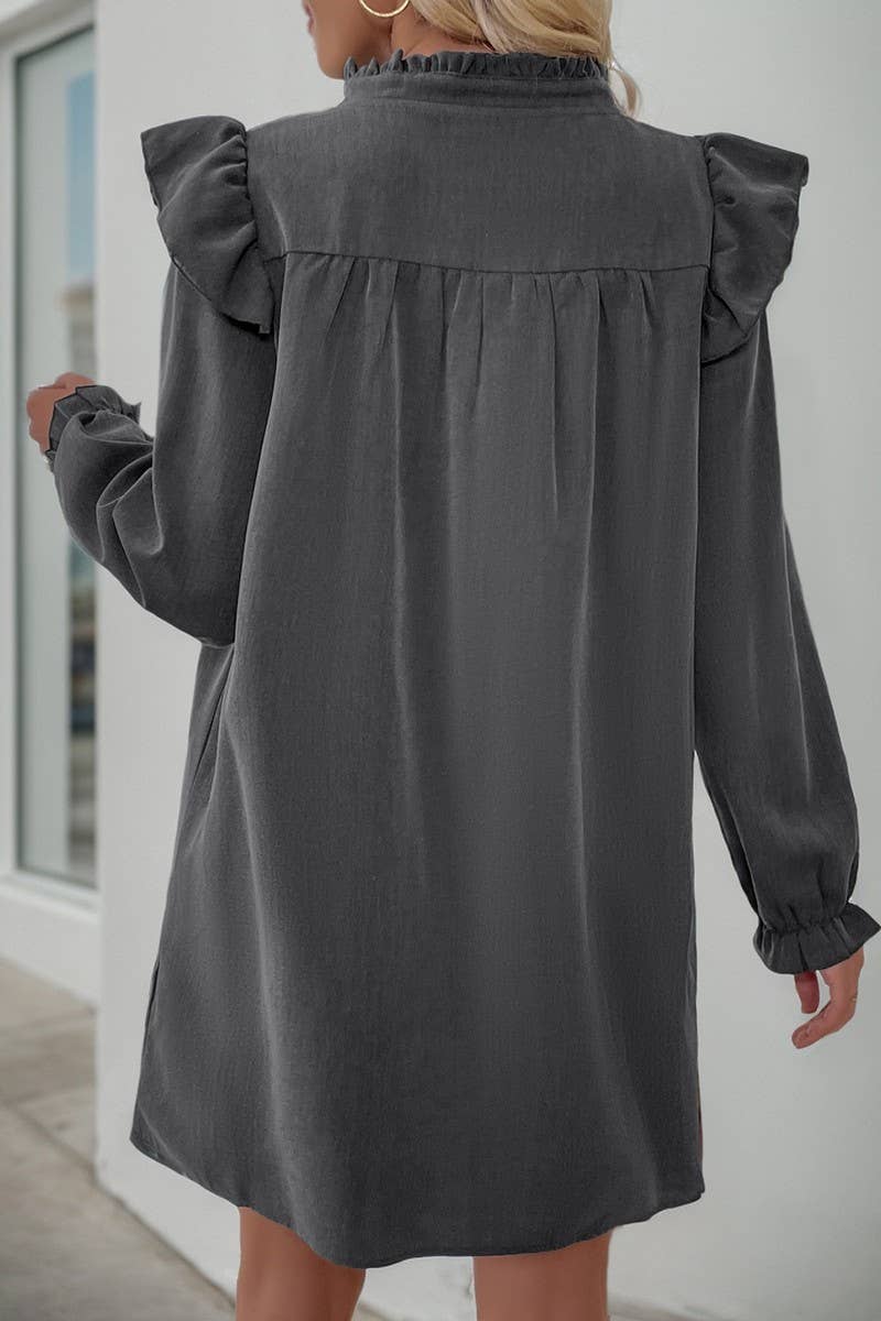 CWDSD6203_SOLID COLOR RUFFLED LONGSLEEVE STAND COLLAR DRESS