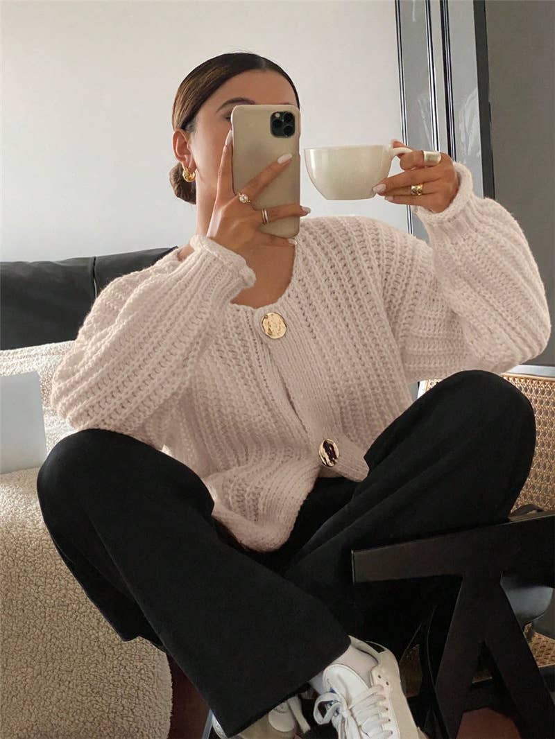 Three button long sleeve French cardigan