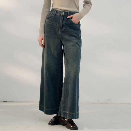 Retro high-waisted simple loose wide-leg jeans