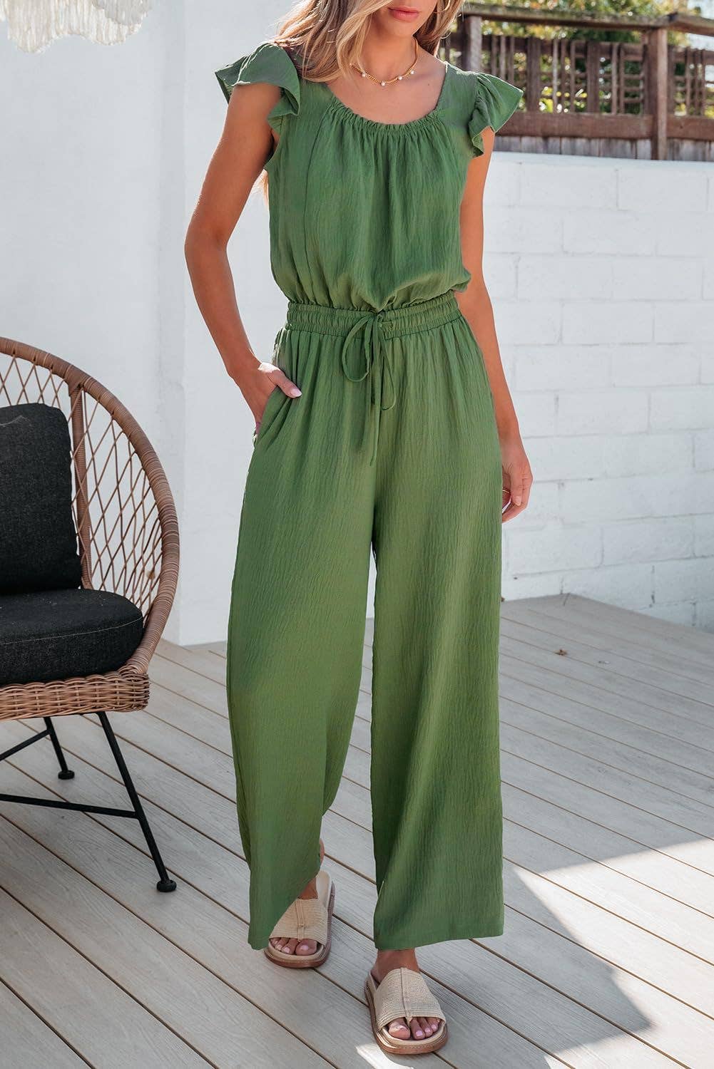 Women¡¯s ruched romper with ruffle sleeves